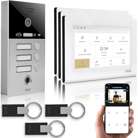 GVS Video Türsprechanlage 3 Familienhaus RFID + Fingerprint - 3x7 Monitor | Smarte Video Türklingel mit Kamera und Monitor & App - Gegensprechanlage mit Türöffner, RFID & Fingerprint (AVS4478A)