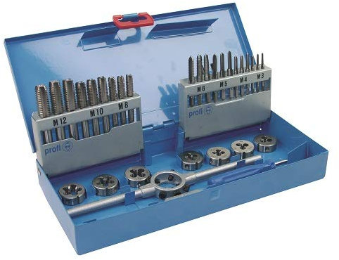 Jeu de 31 tarauds HSS-G RATIOLINE dans un coffret en métal professionnel bleu.
