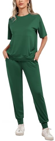 Irevial Sportivo Donna Completo, Completi Sportivi Donna Due Pezzi, Tuta Donna Sportiva Estiva, T-Shirt & Pantaloni Elegante Casual Tuta Donna Ginnastica per Jogging,Fitness, Casa, Pigiama, Verde, L