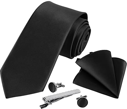Beaface Men Ties Set, Black Ties for Wedding Business, Men's Ties and Pocket Square 5 PCS Set (Black)