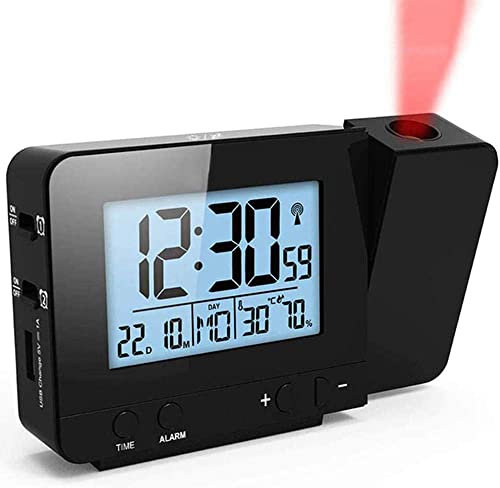 EEYZD Sveglia a LED per proiezione dello schermo, proiettore digitale a soffitto con display per interni, doppi allarmi, dispositivi di ricarica con porta USB, nero
