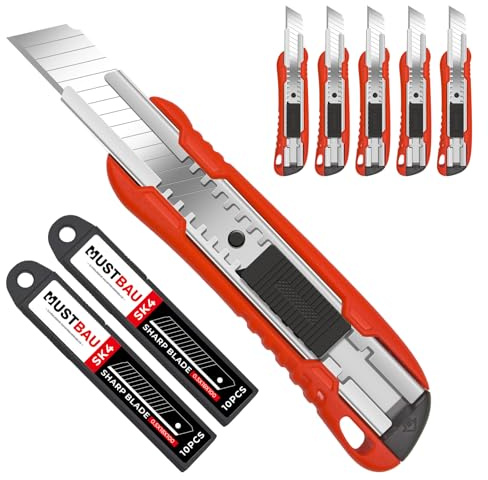 Mustbau Set di 6 Taglierini Professionali, Coltello Multiuso Retrattile da 18 mm con 20 Lame di Ricambio Ideale per Ufficio, Scuola, Disegno, Rimozione della Posta