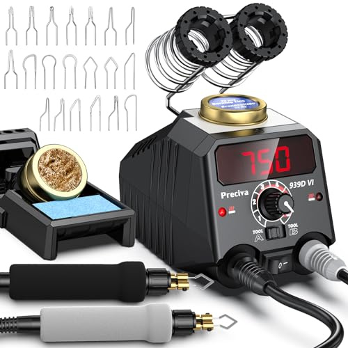 Preciva Lötstation 939D VI, 30 W, 250-750 ℃, Digitales Display, 20 Flammenringspitzen, Schraubendreher, Für Holz, Leder & Elektronik