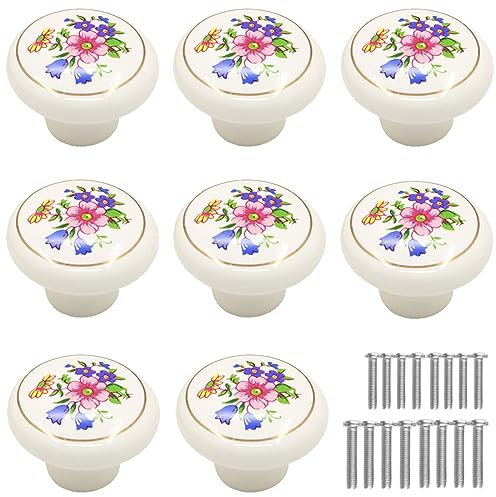 Tverghvad Antike Keramik-Schubladenknäufe, [8 Stück] Vintage Blume Runde Schrankknöpfe und Ziehen, Küchenmöbelknöpfe für Kommode, Schrank, Kleiderschrank, Schrank (Blumenweiß, 8 Stück)