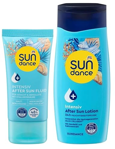 Sundance 2er-Set After Sun: Fluid Intensiv für Gesicht & Dekolleté mit Hyaluronsäure, 50 ml + Aftersun Lotion Intensiv Feuchtigkeitspflege mit Mandelöl Panthenol Allantoin & Vitamin E, 200 ml, (250ml)