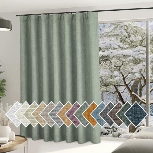 NICETOWN Sage Green Curtains for Sliding Glass Door, Room Darkening Hook Belt/Rod Pocket/Back Tab Light Blocking Thermal Drape Faux Linen Window Treatment for Living Room, W100 x L84, 1 Panel