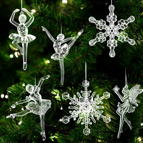 Bencailor 6 Pcs Acrylic Christmas Ornaments Ballerina Dancer Ballet Decor Crystal Snowflake Hanging Ornaments Clear Dance Decorative Set for Xmas Tree Winter Nutcracker Decoration