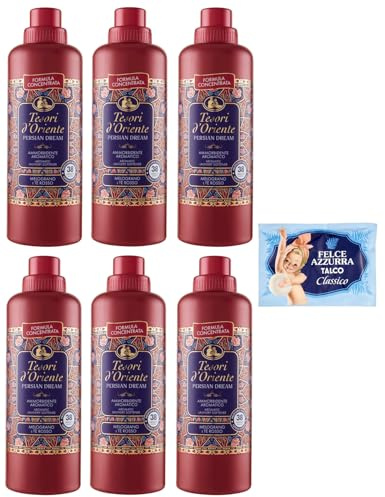6-pack Tesori d'Oriente Persian Dream amorbidente Concentrato, koncentrerat sköljmedel, 38 tvättar, 760 ml + 1-pack FELCE AZZURRA talkpuder, 100 g påse