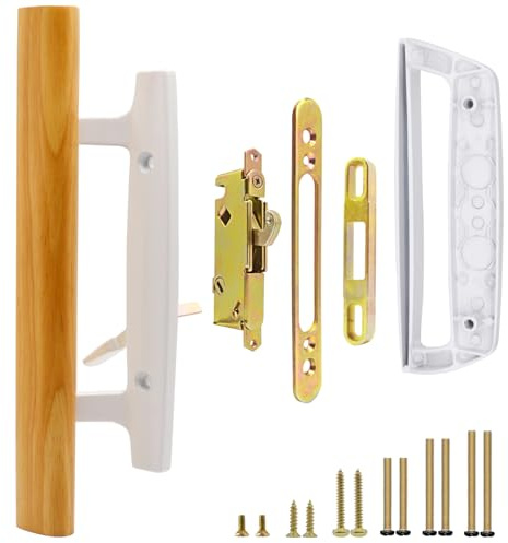TPard Patio Sliding Glass Door Handle with Mortise Lock 45° Keyway, Non-keyed Oak Wood Inside Handles and Zinc Diecast Outside Pull, 3-15/16 H.C., Non-Handed, White