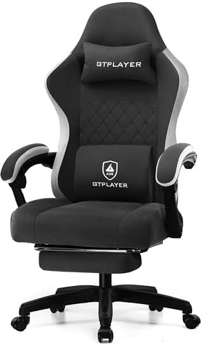 GTPLAYER Gaming Stuhl Ergonomischer Gaming Sessel Schreibtischstuhl mit Stoffoberfläche, Federsitzkissen, Verbindungsarmlehnen und Fußstütze hellschwarz
