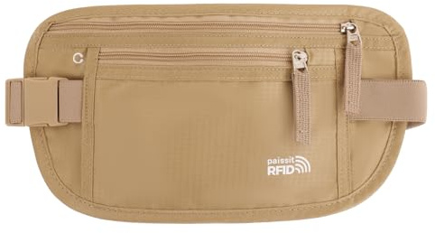 paissit Small Unisex Money Belt For Men and Women, Slim Passport Holder RFID Blocking Travel Essentials Pouch with Adjustable Strap Small Waist Pouch for Workout Running Travelling Hiking(Beige)