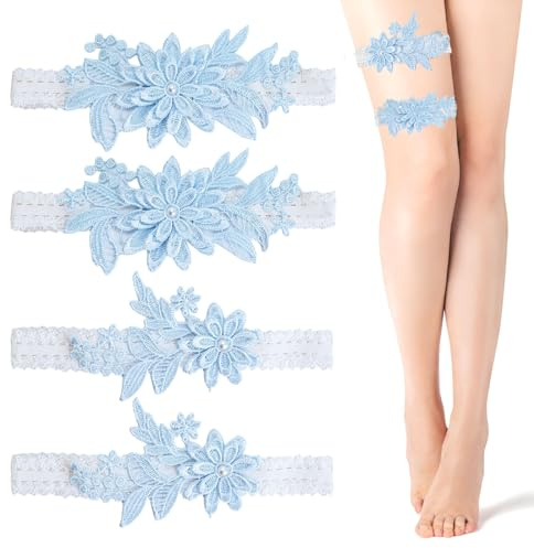 UILYNIU 4 Piezas Liga de Novia Liga de Boda, Liga Nupcial Elástica, Novias Accesorios, Floral Ligas, Liga para Damas, Liga para Novia, Liga Nupcial, Liga para la Fiesta de Bodas (Azul Claro)