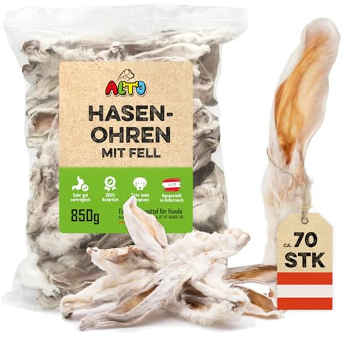 ALTO - Premium Hasenohren mit Fell für Hunde - 850g Ganze Kaninchenohren mit Fell für Hunde - Qualität aus Österreich - 100% Natürliches Hundeleckerli, Welpen Leckerlies