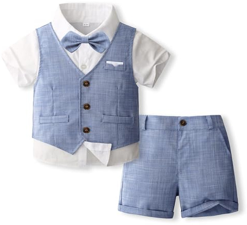 Volunboy Dräkter för bebispojkar för bröllop, ceremoni, sommarset, väst, skjorta, fluga, shorts i 4 delar, Blå, 12-18 månader