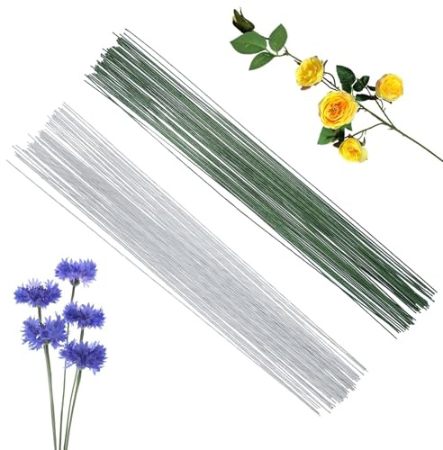 POPOYU 200 stycken blomtrådar, blomtråd mörkgrön/vit, plug-in tråd, blomstamtråd, 18 mätare för tillverkning av blomhantverk, konstgjord, ljusgrön