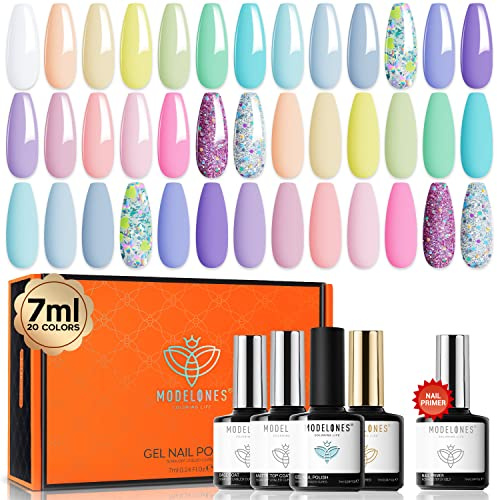 Modelones Uv Nagellack Set 24Pcs, 20 Farben Gel Nagellack UV Set mit Base Coat, Matte& Glossy& Glitter Top Coat, Macaron Rosa Weiß Pastell Soak Off Starter Nail Gel Kit Manicure Gift,7ml