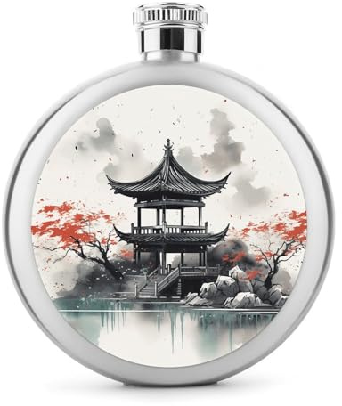 Flasque à whisky de 150 ml en acier inoxydable avec impression peinture à l'encre chinoise - Bouteille anti-fuite pour liqueur, cantine, liqueur, cadeau de voyage, mariage, enterrement de vie de jeune