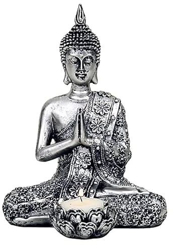 Thai Buddha Statue mit Teelichthalter, 20 cm, Vintage-Silber-Finish, Gebet Mudra Design