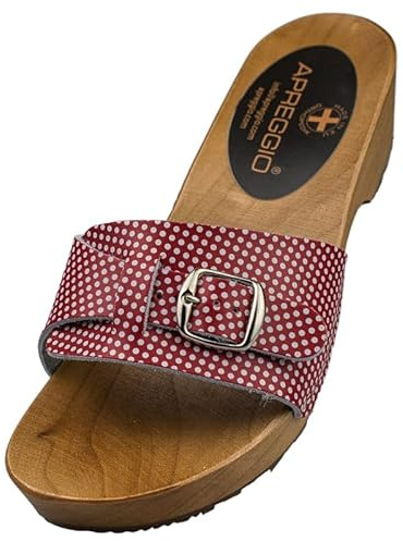 APREGGIO Träskor för kvinnor, öppna tofflor av läder, handgjorda sandaletter, svenska tofflor, kvinnor, lameller, fast sula, röd, 40 EU