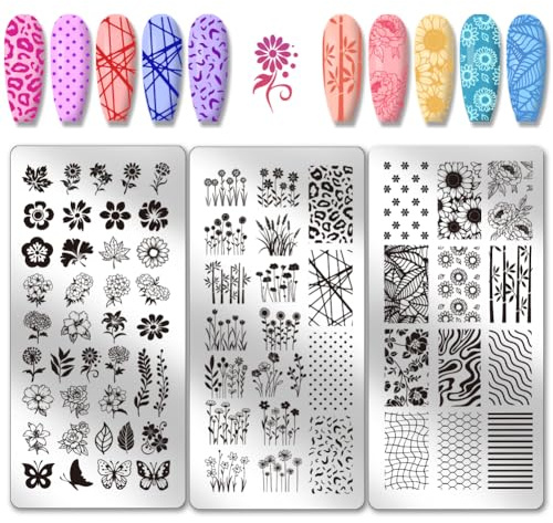 PH PandaHall 3pcs Plaques D'Estampage de Ongles Buissons Fleur Pochoirs de Nail Art Fleur avec Feuillage Modèle Nail Art en Acier Inoxydable Pochoirs Nail Art pour Été Mariage Femmes Ongles Manucure