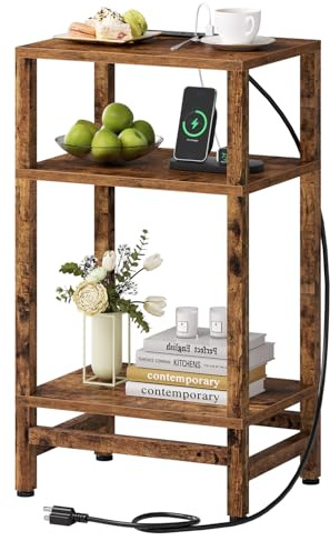 Creso hom Side Table with Fast Charging Station, 3 Tier End Table with Type C and USB Port, Small Bedside Tables for Small Space, End Tables for Living Room, Bedroom, Office, Rustic Brown