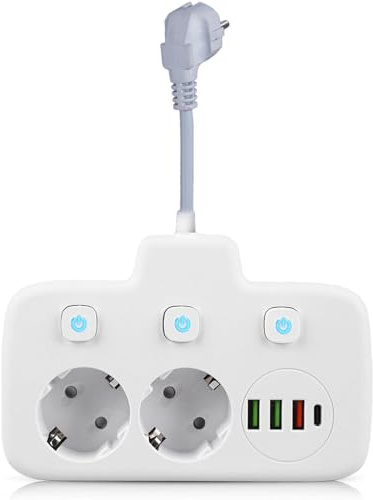 Doppelstecker für Steckdose mit 3 USB&USB-C 2 Fach 10A 2500W für Büro Haus | Steckerleiste, Steckdosenadapter, Doppelsteckdose, USB Ladegerät, Wandsteckdose, 2Fach, Büro Hause Zuhause