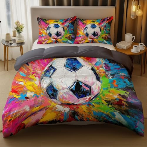 Generisch Gemälde Ölgemälde Fußball Bettbezug 135 x 200 cm Bedruckte Microfaser Wendebettbezug Grau Weiche Mädchen Winter Bettwäsche mit Reißverschluss Für Schlafzimmerdekoration