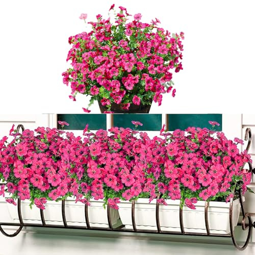 PIWOSGOL Flores Artificiales para Exteriores, 6 Paquetes Flores Artificiales Seda Petunia, Arbustos Artificiales Resistentes a los Rayos UV para Exterior para Jardín Porche Balcón Patio (Rosa)