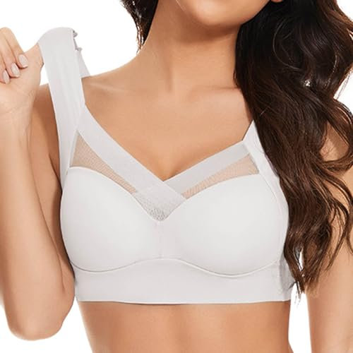 Non Wired Bras for Women UK Seamless Sports Comfortable Soft Push Up Bra for Sagging Breasts Bras Womens Everyday Bra Lace Wide Strap Plus Size (B1-White, XXXL)