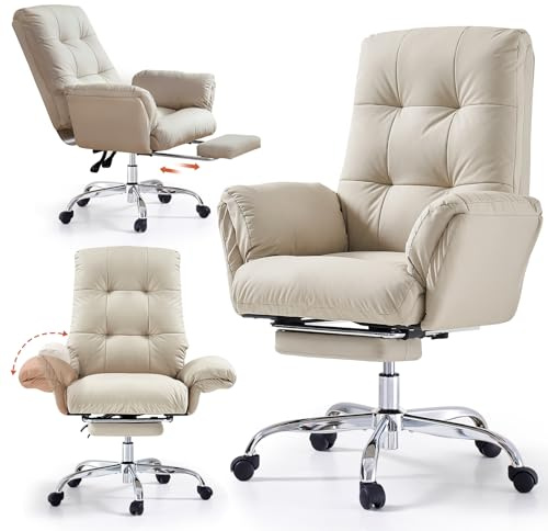 EMIAH Home Office Chair with Footrest, Criss Cross Chair with Wheels and Flip-up Arms, PU Leather Reclining Ergonomic Executive Desk Chair, Comfortable Rolling Computer Home Office Chairs (Beige)