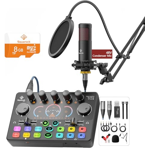 Podcast Equipment Bundle,48V XLR Mic,Surround‑Sound for Streaming, RS2 | Built‑in RGB lights, surround sound & TF‑card playback, ideal for streaming, vlog‑recording with phones, PCs and cameras