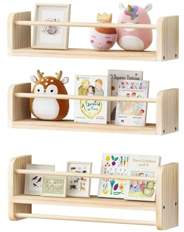 LIIGOU 3er Set Wandregale Schweberegale mit Holzschutzleiste – Kinder Bücherregal Wandmontage, Hängeregal aus Holz für Küche, Bad, Schlafzimmer & Wohnzimmer