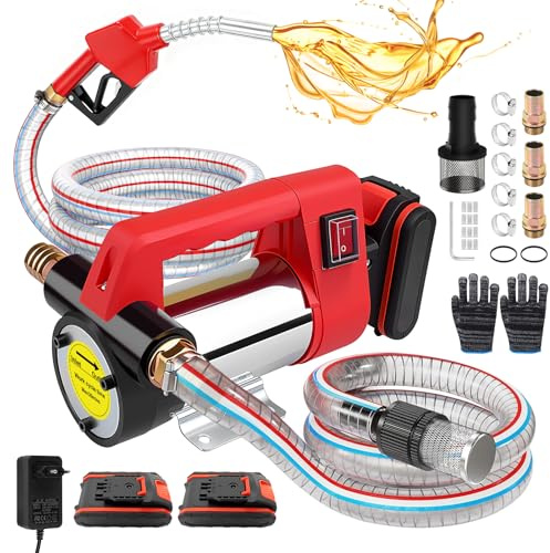 Dieselpumpe Akku 45L/Min, Kabellose Elektrische Dieselpumpe, 21V Elektrische Kraftstoffpumpe mit 2x2.0Ah Batterie, Tragbare Heizölpumpe mit Auto Shut-off Düse, 2x 2 m Schlauch für Diesel Kerosin