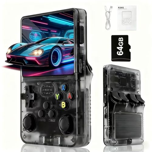 R36S Retro Video Game Console–Supports 20000+ Classic Games,Open Linux Source,3000mAh Battery,3.5 Inches HD Screen,64G TF Card,Portable Game Console for Travel,Birthday Gift for Boys and Adults-Black