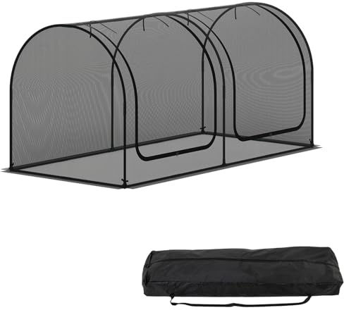 GiantexUK 8’ x 4’/9’ x 4’ Tunnel Crop Cage, Metal Frame Plants Protection Tent with 2/3 Roll-up Zippered Doors, Ground Stakes & Carrying Bag, Raised Bed Greenhouse Netting Cover (250x121x121cm)