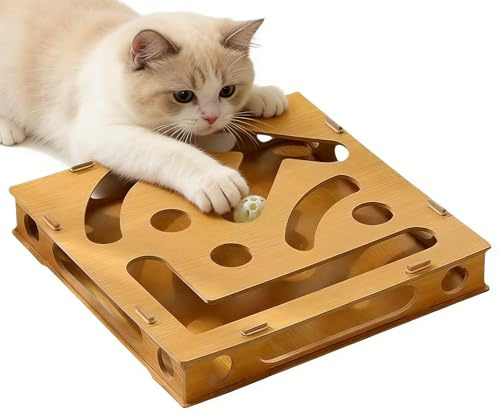 Interaktives Katzenspielzeug Katzen Intelligenzspielzeug, Cat Scratcher Katze Kratzspielzeug Puzzle Spielbox Holz, Kratzkreisel Interaktives Kartonlabyrinth Fummelbrett Für Katzen Langsames Fressen