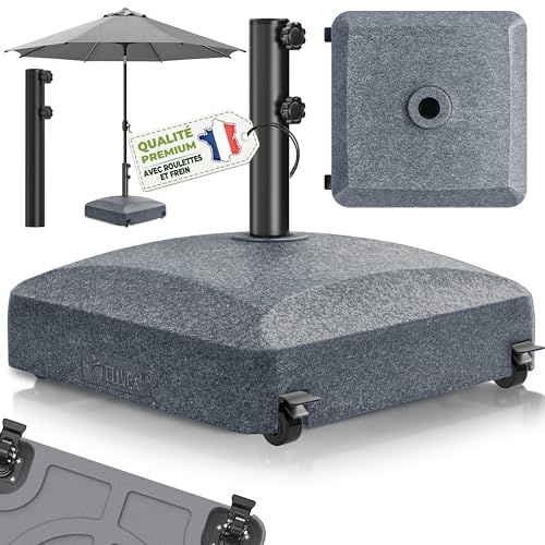 tillvex® Base de sombrilla PAVERA con Ruedas y Frenos | Soporte de lastre rellenable 37L / 56kg | Pie para Parasol y sombrilla de Mercado Ø 1,8-3,7m | Resistente a la Intemperie y UV (Efecto Granito)