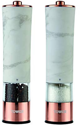 Tower T847005WR Marble Rose Gold Electric Salt and Pepper Mill with LED Light, Battery-Operated Grinding Mechanism, White Marble and Rose Gold
