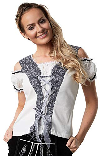 dressforfun Dirndl Bluse Damen, Dirndlbluse weiß mit Blumenmuster Einsätzen, Trachtenbluse Damen, Trachtenmieder Schnürung, Bluse Spitze, Trachtenshirt, Trachtenhemd - (XXL |Nr. 303174)