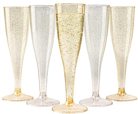 MATANA 120 Copas de Champan de Plástico con Brillos Dorados y Plateados, 133ml - Copas Plastico Duro, Copas de Cava para Vino Espumoso, Cóctel, Postre - Copas Champagne Plastico para Bodas, Fiestas