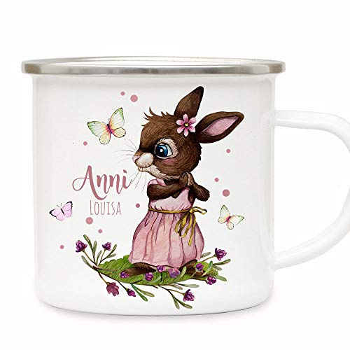 Emaille Becher Camping Tasse Motiv Hase Häschen rosa Schmetterlinge & Wunschname Name Kaffeetasse Geschenk eb492 - ausgewählte Farbe: *silberner Becherrand*