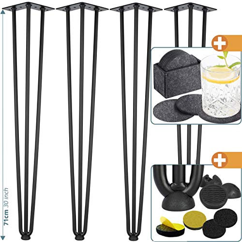 smartpeas 4X Haarnadel Tischbeine Metall - Rostfreies Stahl Tischbeine in Schwarz - Hairpin Leg 71 cm Mit 3 Streben - Plus: Bodenschutz und Filzuntersetzer