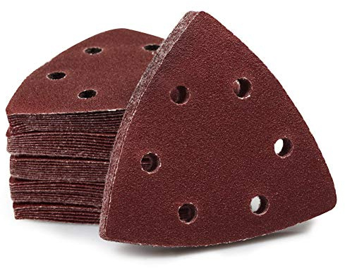 SPEEDWOX Juego de 50 almohadillas de lija triangulares grano 100 90 mm 6 orificios para 6 agujeros oscilantes de 3 – 1/2 pulgadas multiherramienta lijadora de papel de lija triangular discos de lija