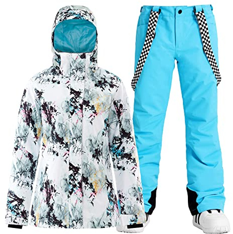 GSOU SNOW Womens Ski Jacket and Pants Snowboarding Snowsuit Coat Warm Winter Hooded Insulated Waterproof Windproof,White Blue L