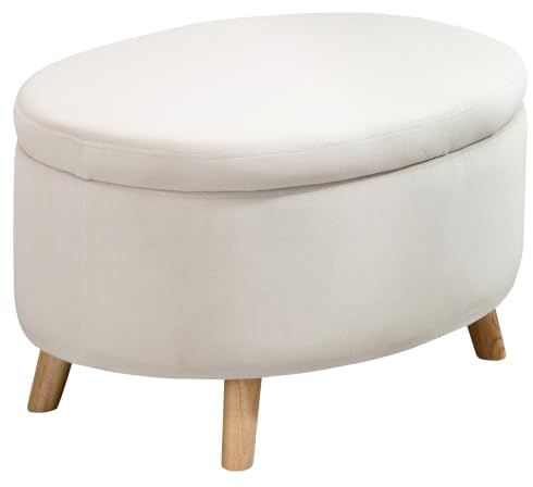 HOMCOM Puff Almacenaje Ovalado Banco Almacenaje 71x51,5x42 cm Beige | Tapizado en Terciopelo, Patas de Madera Maciza, Carga 120 kg, para Sala de Estar, Dormitorio, Entrada