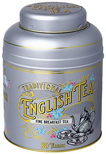 New English Teas Boîte à thé ronde vintage victorienne argentée avec 40 sachets de thé anglais