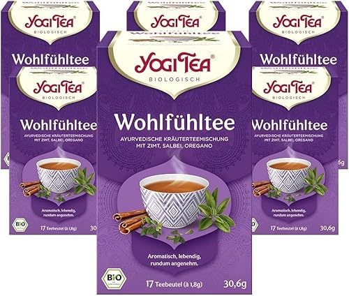 Yogi Tea Wohlfühltee, 6x17 Beutel (102 Teebeutel) | Ayurvedischer Bio Gewürz- und Kräutertee, von Natur aus koffeinfrei, Mischung aus Zimt, Salbei und Oregano