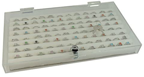 Klarer Acryl-Vitrine mit Schloss und Schlüssel und einer Auswahl an Schmuck-Präsentationseinlagen (Etui mit weißen Kunstleder-Ringrollen)