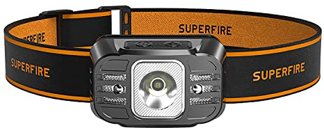 SuperFire Lampe Frontale Rechargeable, 650LM Super Lumineux Léger Torche Frontale LED Puissante Voyant Rouge,14 Modes d'Éclairage,Capteur Mouvement,IP44 Étanche,30H d'autonomie pour Camping/Urgence