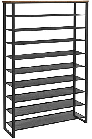 HOOBRO Schuhregal mit 10 Ebenen, 100cm Schuhschrank hoch, Schuhablage schmal, Schuhaufbewahrung, Metall, für 40-50 Paar Schuhe, Platz Sparen, für Flur, Wohnzimmer, Vintagebraun-Schwarz EBF171XJ01